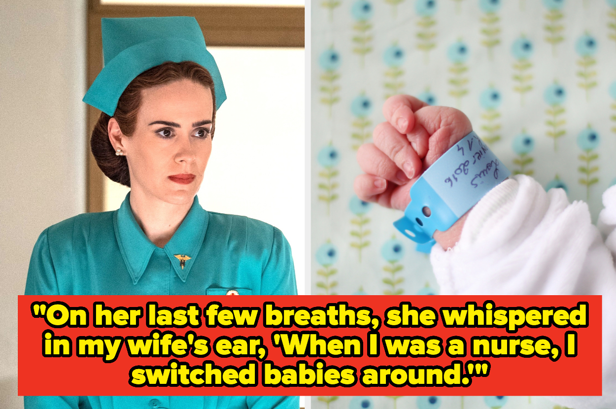 A nurse in a teal uniform, beside a newborn with hospital ID tags. Quote: "On her last few breaths, she whispered... 'I switched babies around.'"
