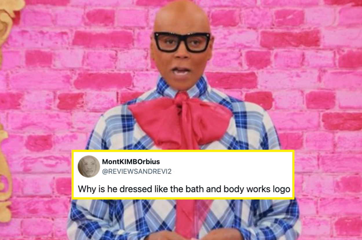 Person in plaid shirt with large bow tie, in front of pink brick wall, with tweet overlayed: "Why is he dressed like the bath and body works logo"