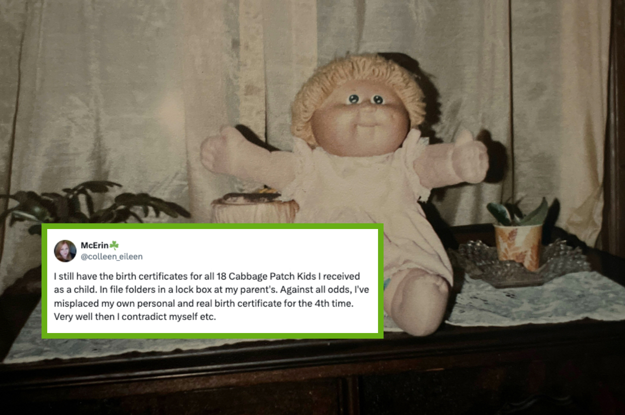 A Cabbage Patch Kid doll sits on a table. Overlay text humorously discusses losing and finding birth certificates for 18 Cabbage Patch Kids
