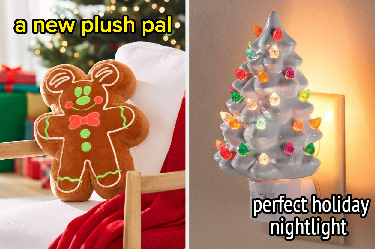 A plush gingerbread man pillow and a ceramic Christmas tree nightlight, both festive home decor items