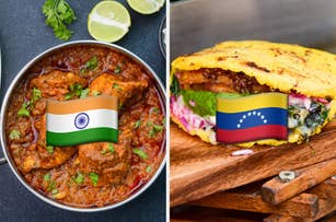 Indian curry and Venezuelan arepa dishes, each with a flag, side by side on a dark surface