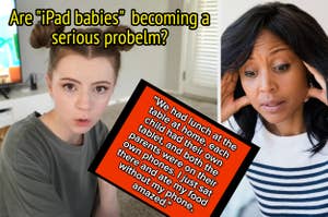 Person holding a tablet showing an animated family scene, expressing surprise