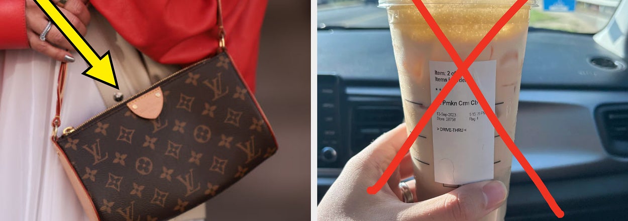 A person holds a designer Luis Vuitton bag with text saying "Every idiot has it," alongside an iced coffee in a car with a red "X" over it