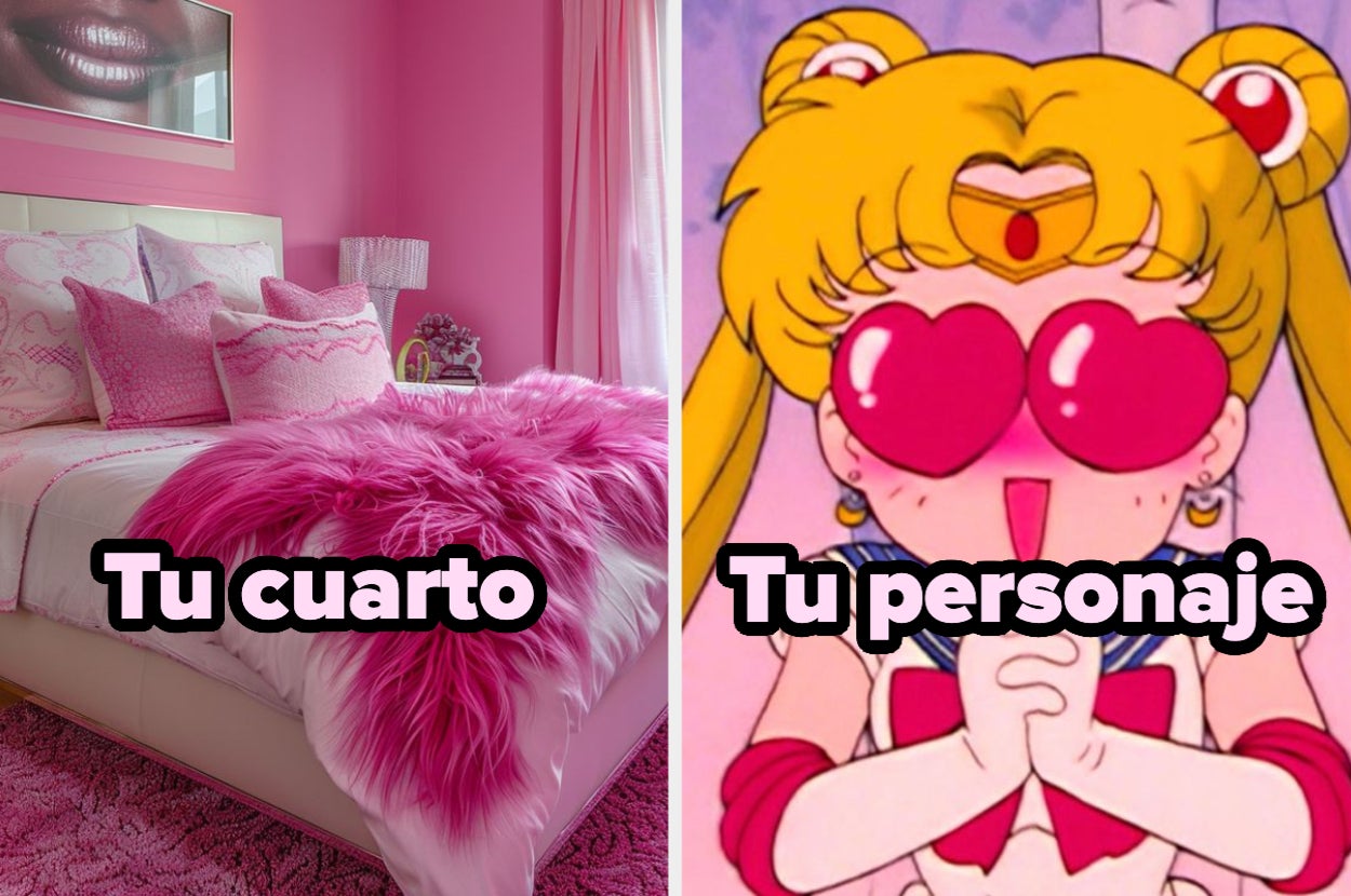 Habitación rosa con peluches a la izquierda; personaje de anime con expresión emocionada a la derecha. Texto: "Tu cuarto" y "Tu personaje"