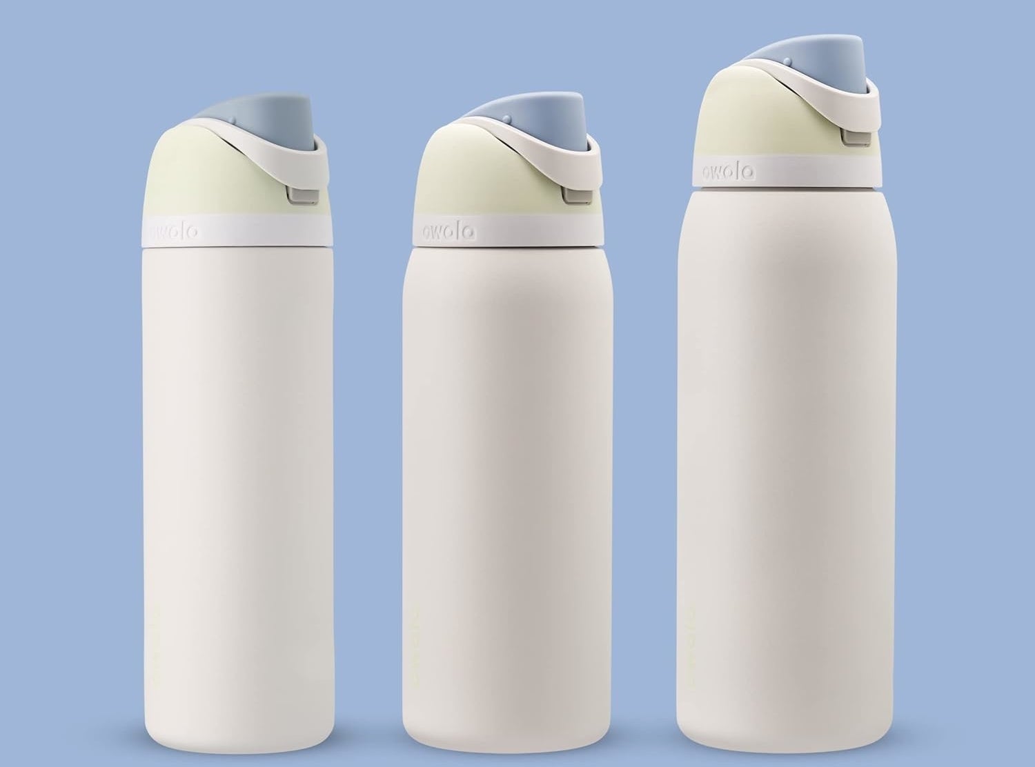 Three insulated water bottles labeled by size: 24 oz., 32 oz., and 40 oz. Each with a flip-top lid. Text: "FreeSip® Sizes."