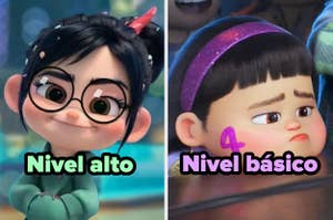 Dos personajes animados comparados: uno con gafas, cabello oscuro en moño, etiquetado "Nivel alto"; otro con expresión desanimada, etiquetado "Nivel básico"