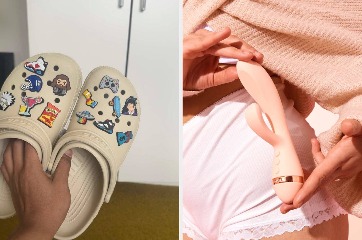 Left: Hand holding Crocs with playful pins. Right: Person wearing white shorts holding a beige vibrator, demonstrating its use