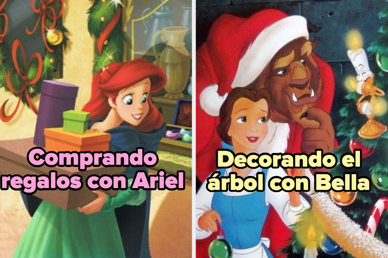 Ariel compra regalos con cajas. Bella y Bestia decoran un árbol de Navidad juntos