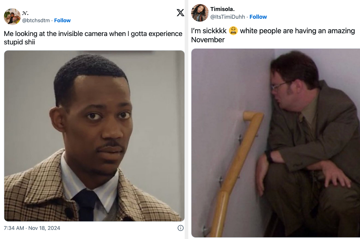 Two tweets: First shows a person with a serious look, tagged with humorous text. Second shows a person crouching, captioned with humorous commentary on November