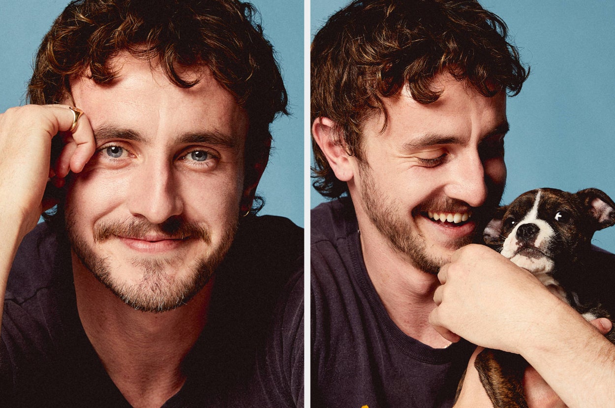 Paul Mescal with curly hair smiling in two photos, first with hand on face, second holding a small puppy