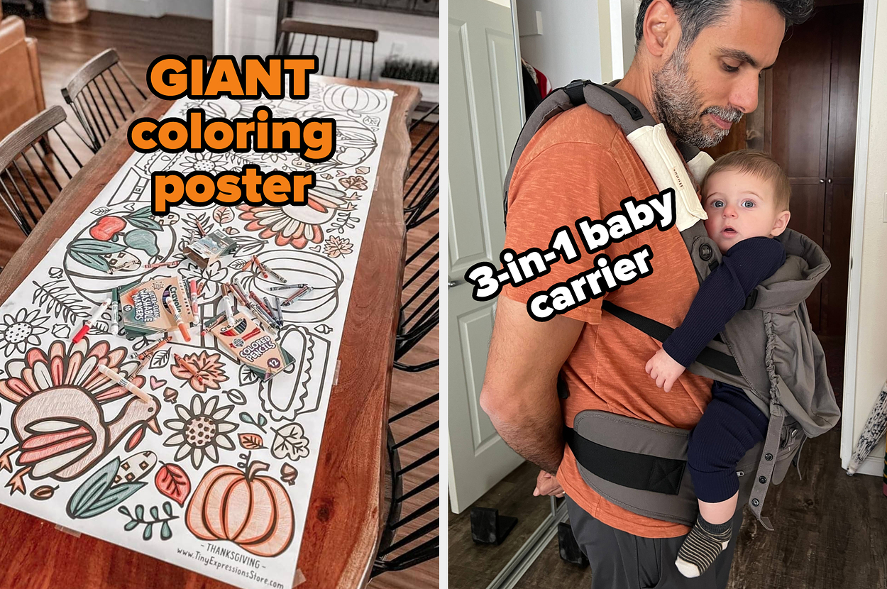 Left: Giant coloring poster on a table with markers. Right: Adult using a 3-in-1 baby carrier with a baby in a home setting