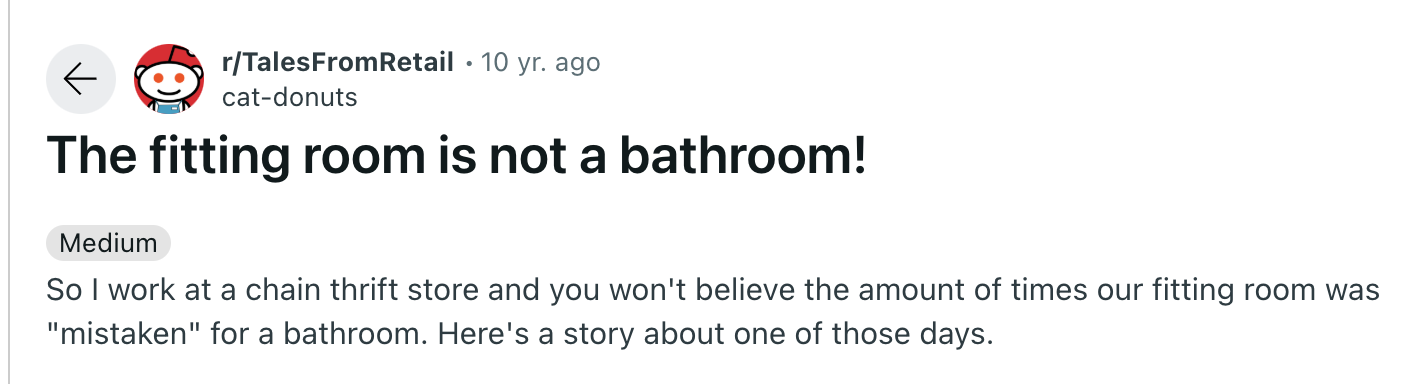 Title of a Reddit post reads, &quot;The fitting room is not a bathroom!&quot; The post is on r/TalesFromRetail by user cat-donuts