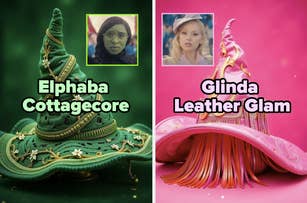 Whimsical hats representing two styles: "Elphaba Cottagecore" with green floral design, "Glinda Leather Glam" with a pink sleek look