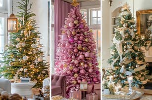 Three decorated Christmas trees: a classic design with ornaments, a pink-themed tree with bows, and an elegant tree with ribbons and candles