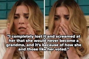 Person with long, wavy hair appears concerned, holding face with hands in emotional reaction. Scene suggests a dramatic moment