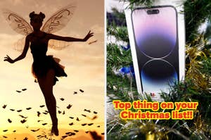 A fairy silhouette on the left. On the right, a phone nestled in tinsel with "Top thing on your Christmas list!!" text