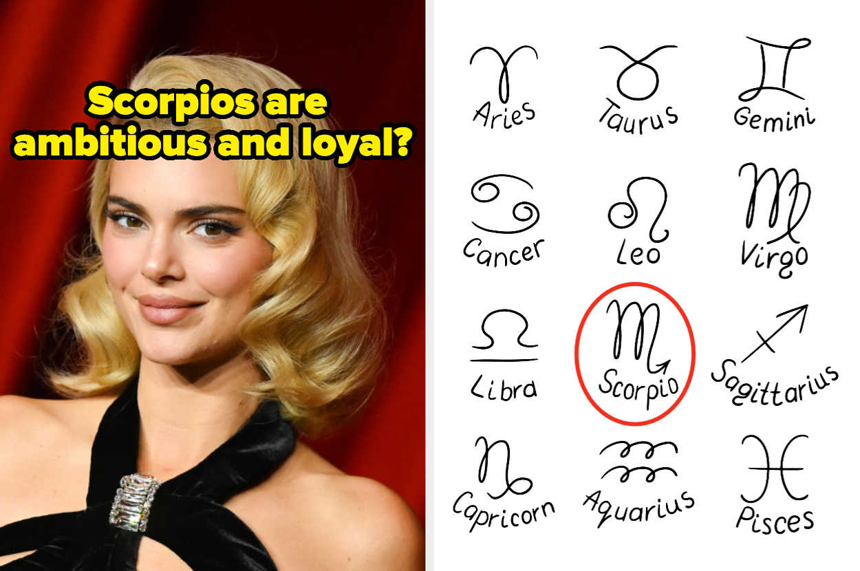 A person with styled hair and a black outfit is next to zodiac signs that highlight Scorpio as ambitious and loyal