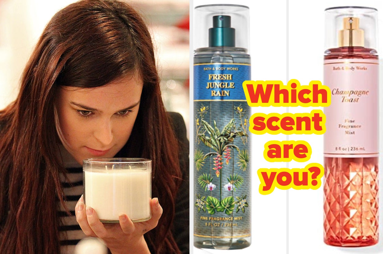 Woman smelling a candle. Text asks, "Which scent are you?" with Bath & Body Works sprays, Fresh Jungle Rain and Champagne Toast, shown