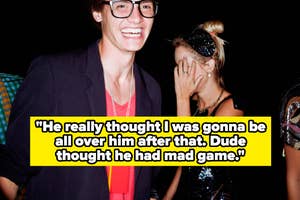 A man laughs while a woman covers her face
