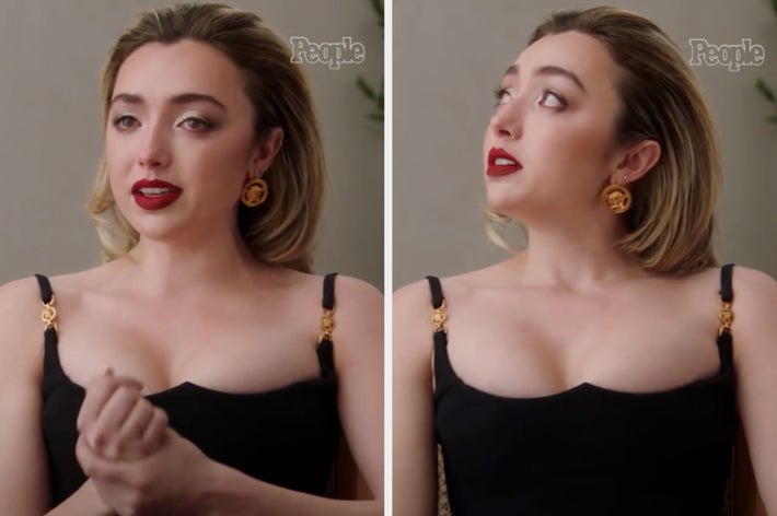 Split image of Peyton List in tears in an interview with people