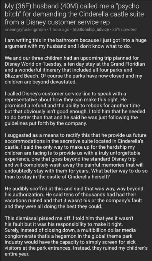 A woman shares her experience of calling Disney for a refund on a trip, mentioning her husband&#x27;s disapproval and Disney&#x27;s response to her request