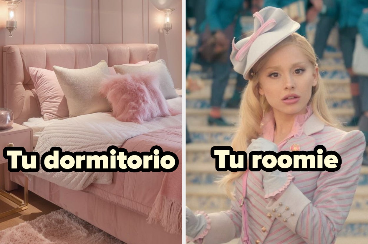 A la izquierda, una cama acogedora con almohadas y manta. A la derecha, una persona elegante con traje a rayas y sombrero. Texto: "Tu dormitorio", "Tu roomie"