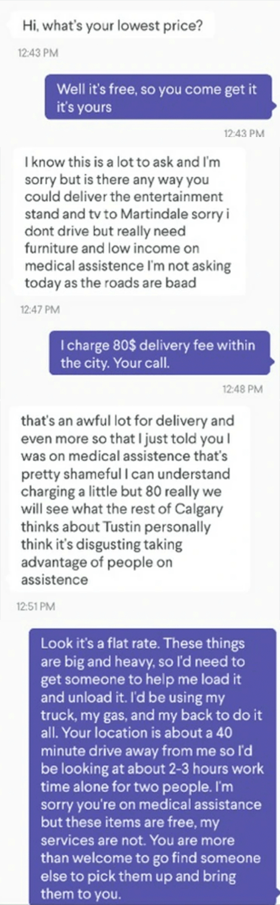 Conversation about furniture assistance. Person A wants free delivery; Person B charges $80 due to transportation difficulties and other considerations