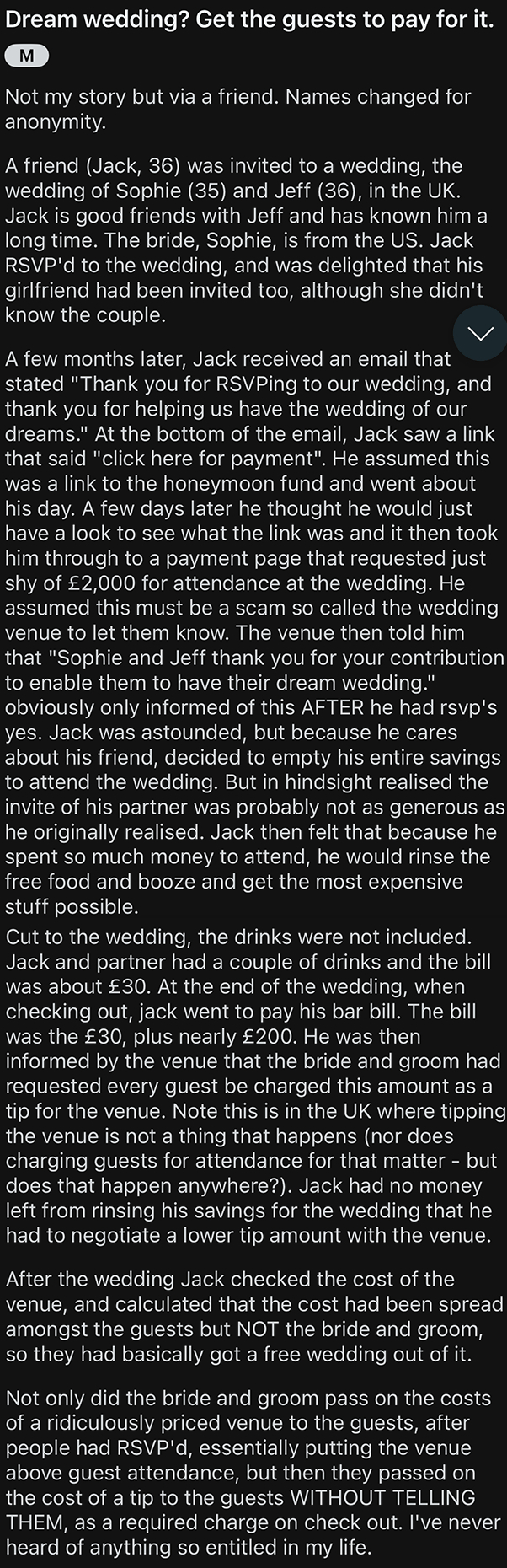 A wedding couple had guests pay portions of the costs by calculating specific guest expenses. This sparked discussion about fairness and etiquette