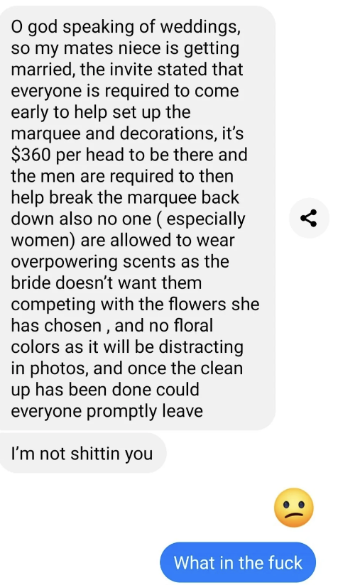 Text exchange about a wedding with a strict invitation. One text expresses disbelief about the detailed and costly requirements