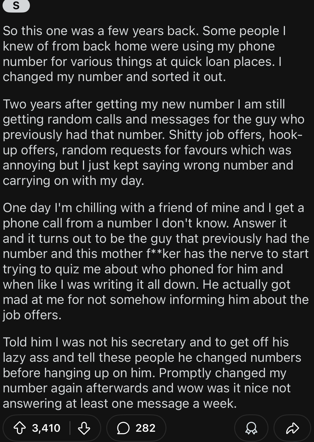 Summary: A user recounts receiving calls meant for a previous employee, dealing with various issues. Eventually, the previous employee admits to using the wrong number