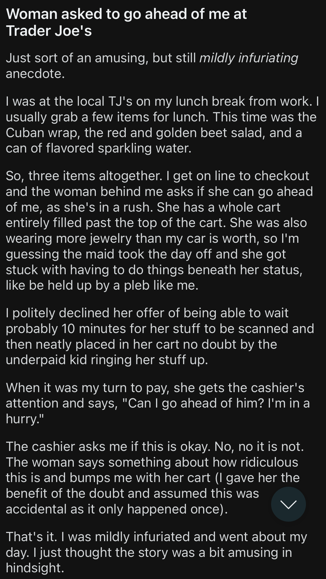 Reddit post titled &quot;Woman asked to go ahead of me at Trader Joe&#x27;s.&quot; User describes an encounter at a checkout line involving excuses of a busy schedule