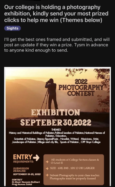 Photography contest poster for an exhibition on September 30, 2022, featuring historical sites and landscapes of Pakistan. Entries open for students