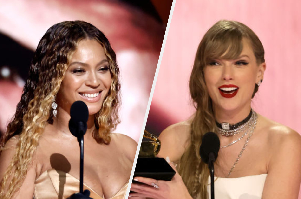 Beyonce and Taylor Swift at an award event, wearing elegant dresses and jewelry, speaking into microphones