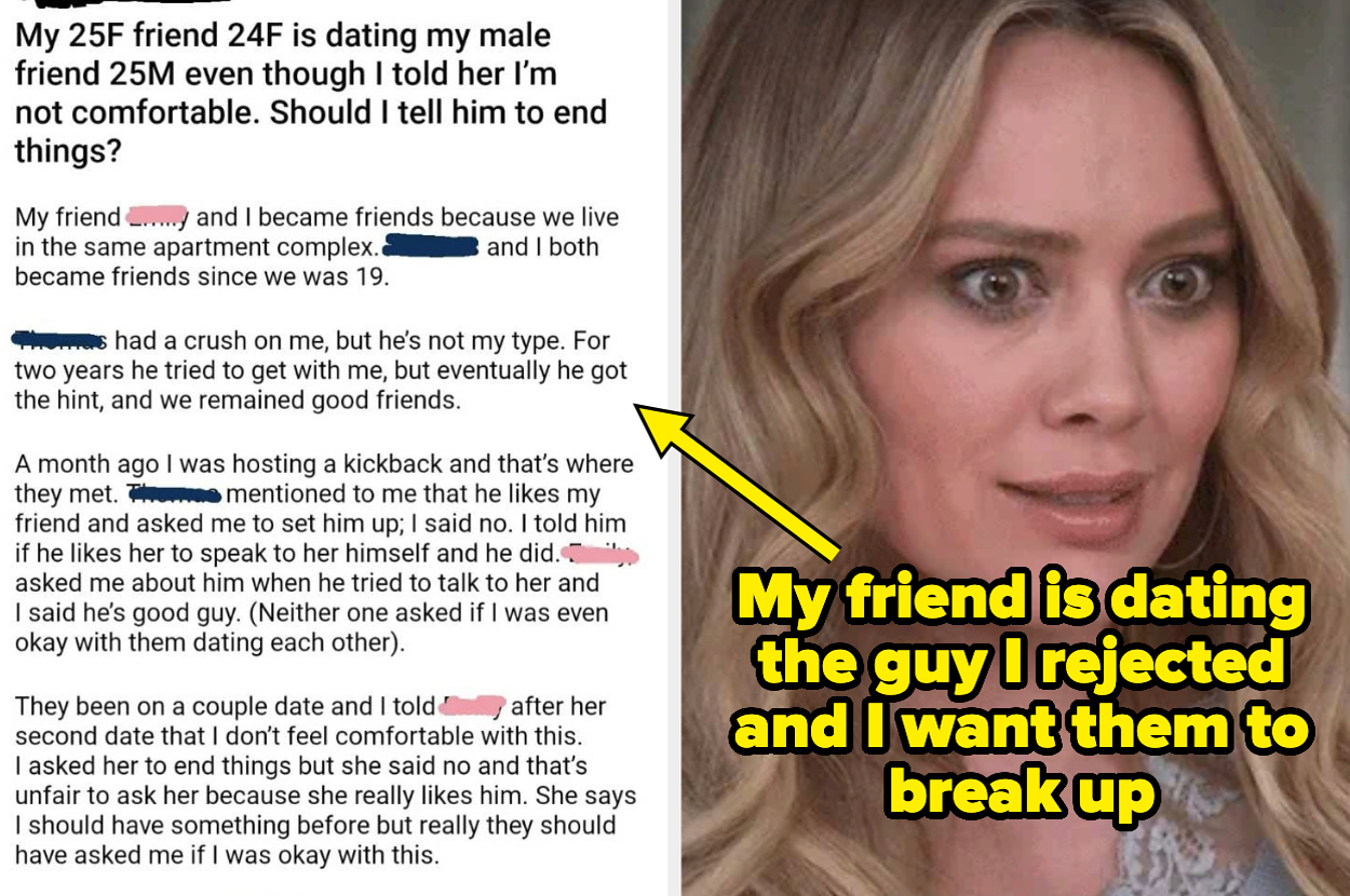 Woman looking surprised. Text: "My friend is dating the guy I rejected and I want them to break up." Reddit story about relationship discomfort