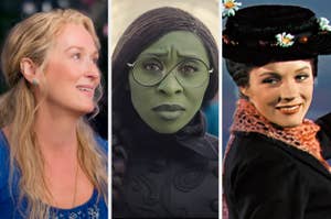 Three characters: a woman in a blue dress, a green-skinned woman with glasses, and a woman in a black hat