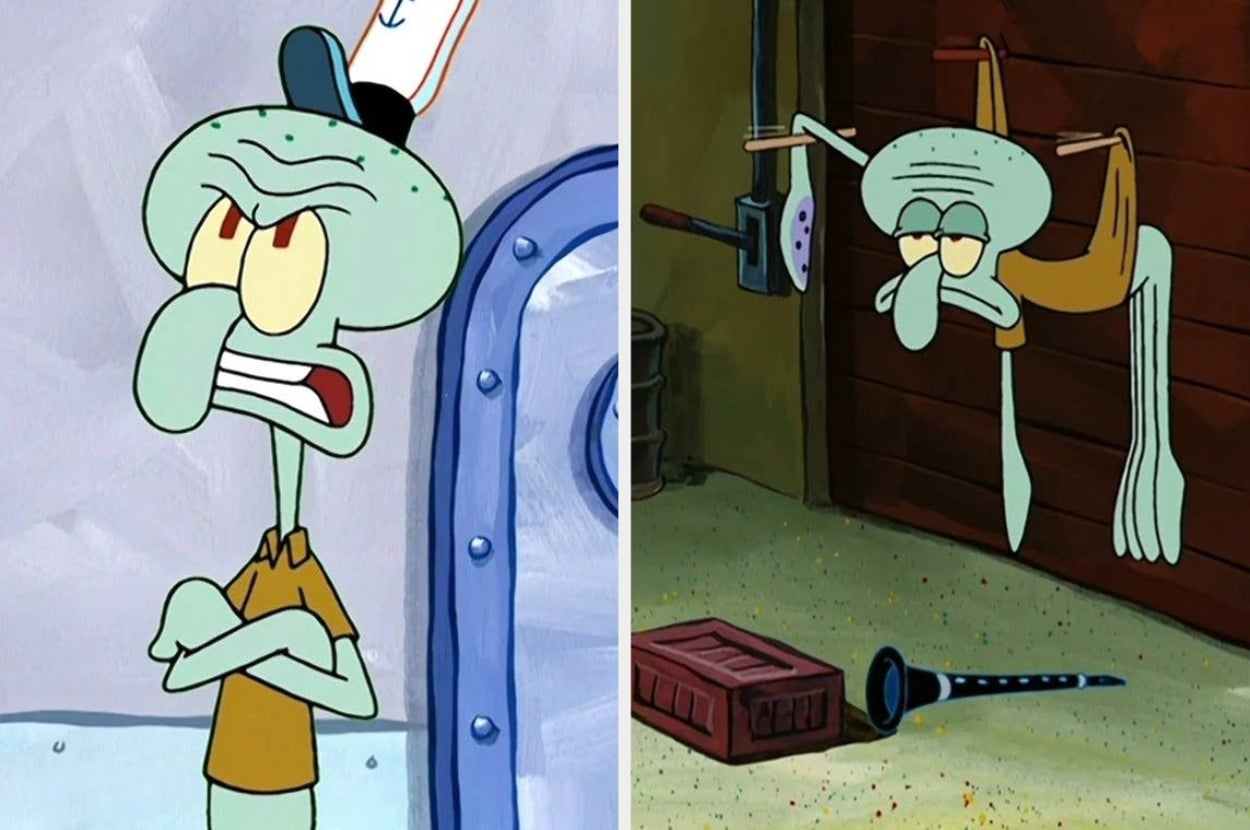 Two images of an animated squid character, one with crossed arms looking annoyed and another trapped in a door, with musical instrument on the ground
