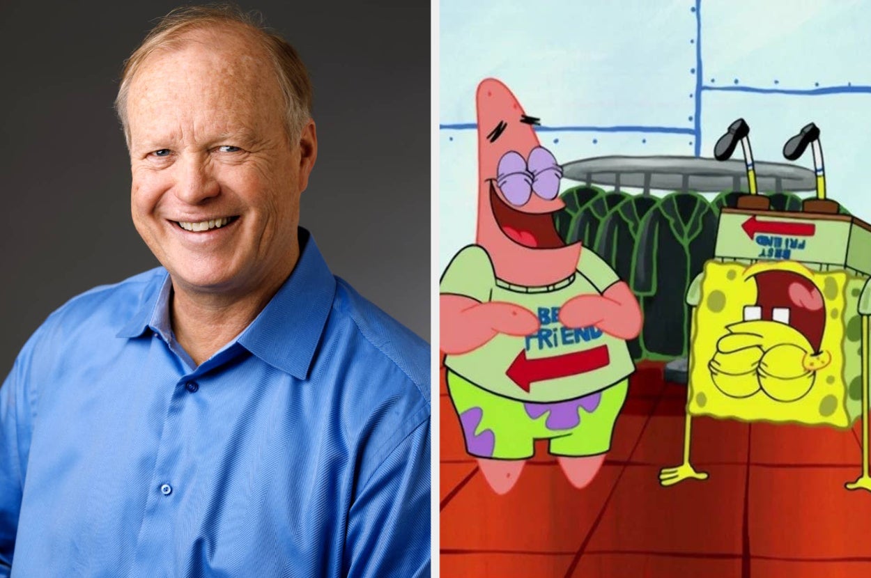 A person smiling, wearing a blue shirt next to SpongeBob SquarePants and Patrick Star laughing in a humorous scene from a TV show