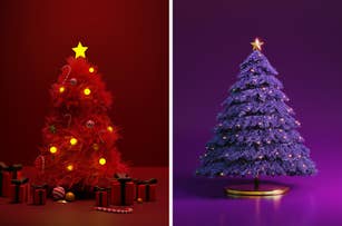 Two decorated Christmas trees: one with red decorations and gifts, and the other with purple decorations and a star on top