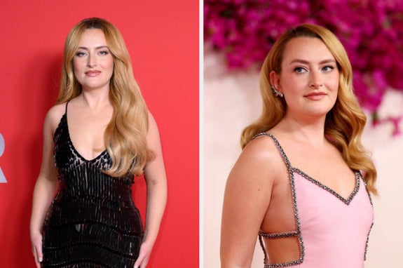 Two photos of a woman on the red carpet. Left: in a black gown with sequin details. Right: in a pink gown with beaded straps