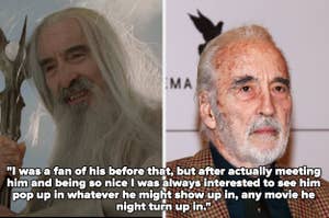 Left: Older man in medieval fantasy attire. Right: Same man wearing a suit with a patterned jacket. Text: A quote expressing admiration for the man