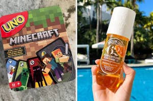 Uno Minecraft game box next to a bottle of Brazilian Crush body fragrance mist held beside a pool, suggesting summer shopping essentials