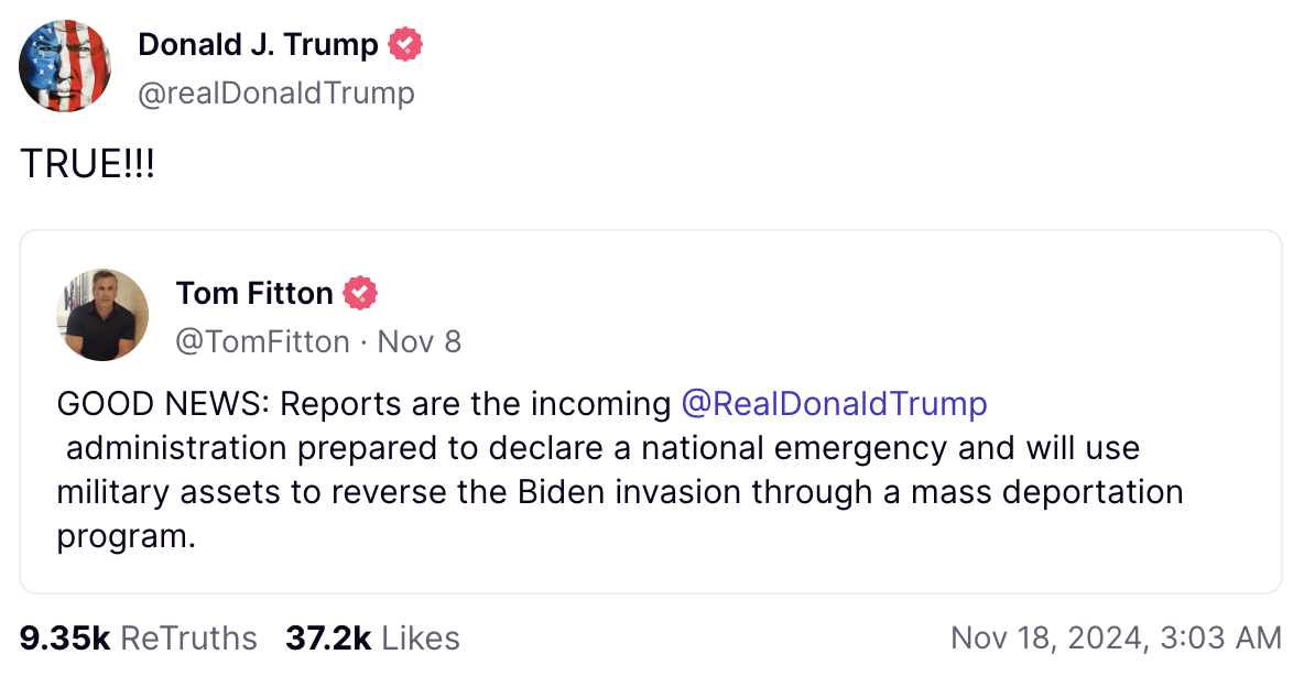 Tweet from Donald Trump quoting Tom Fitton about declaring a national emergency to reverse Biden&#x27;s immigration policy; labeled &quot;TRUE!!!&quot;