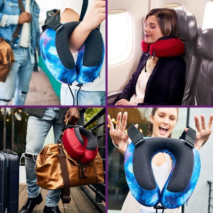 Travel neck pillows shown being used and carried in different travel scenarios, highlighting their convenience and comfort for travelers