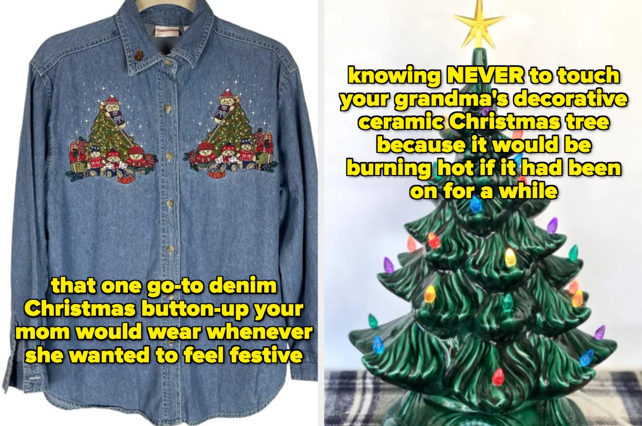 Denim shirt with Christmas tree patterns and a decorative ceramic Christmas tree with colorful lights and a star on top