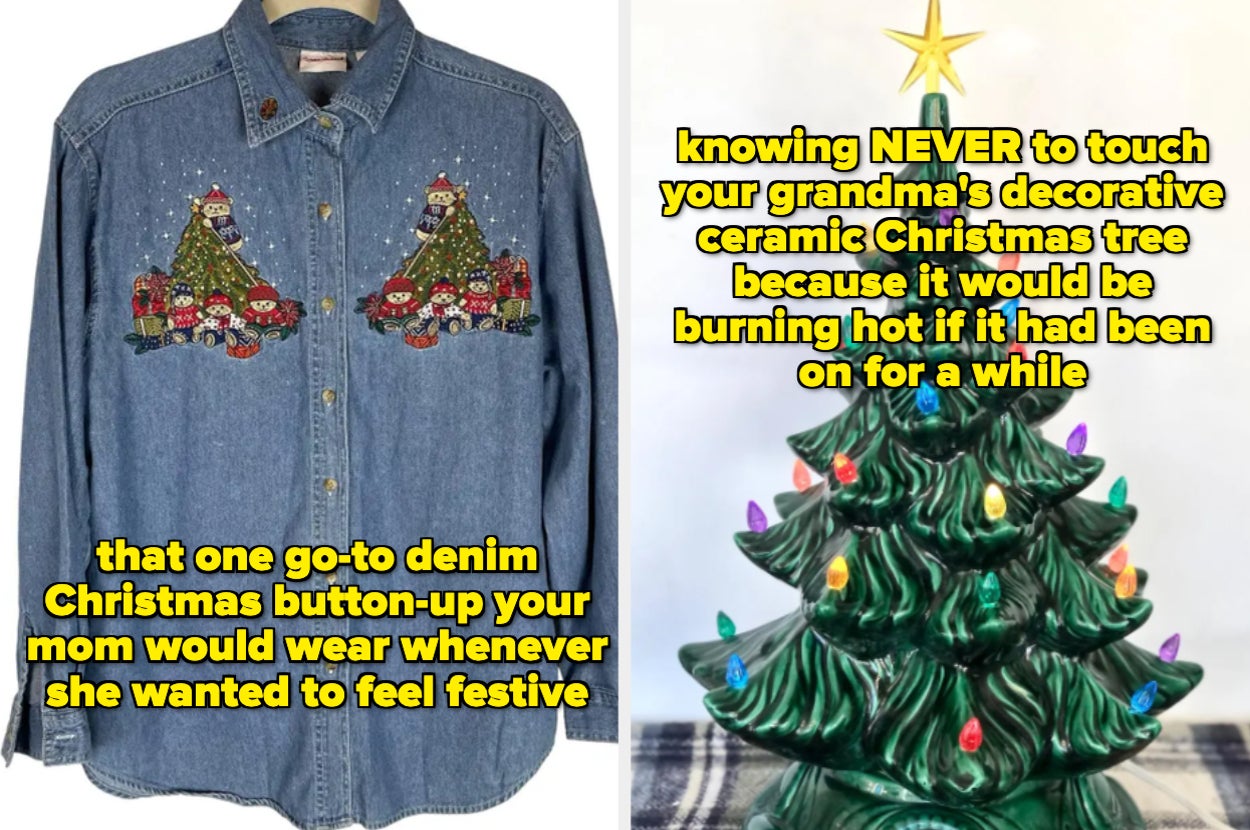 Denim shirt with Christmas tree patterns and a decorative ceramic Christmas tree with colorful lights and a star on top