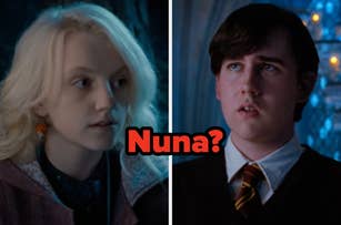 Two movie characters looking at each other with the word "Nuna?" in bold red text between them