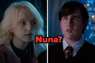 Two movie characters looking at each other with the word 