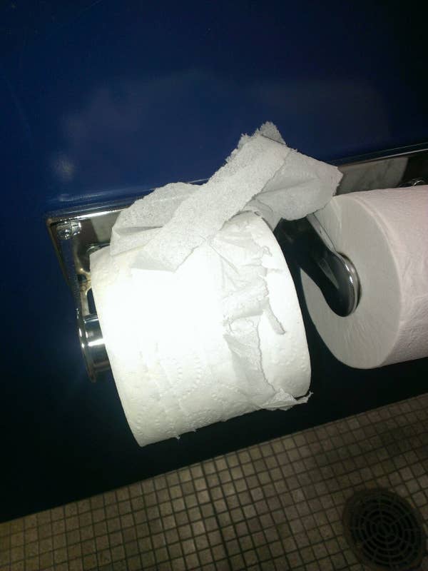 Two toilet paper rolls on a holder; one is unrolled and messy, the other is neat and intact
