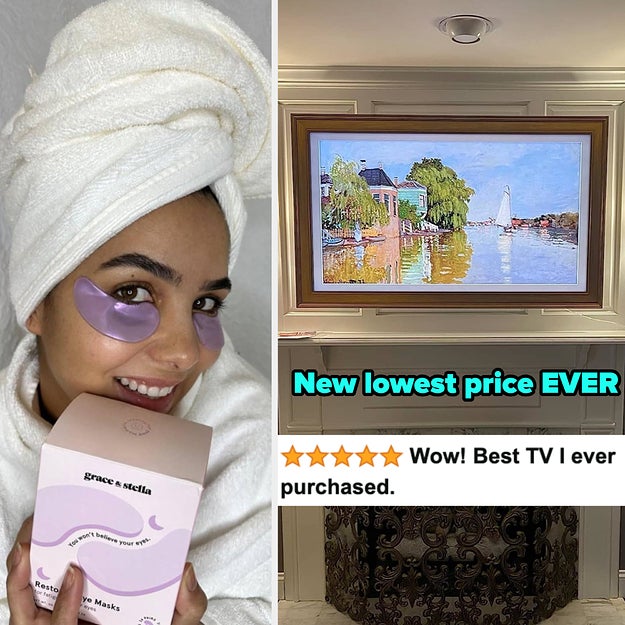 Woman with eye patches and towel holds skincare box; TV with artwork on wall. Text: "Lowest price EVER!!! â˜…â˜…â˜…â˜…â˜… Wow! Best TV I ever purchased."