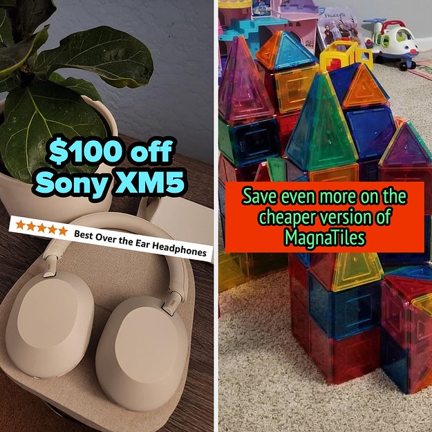 Left image: Sony XM5 headphones with a $100 discount banner, labeled "Best Over the Ear Headphones." Right image: Toys and stacking blocks, labeled with deals